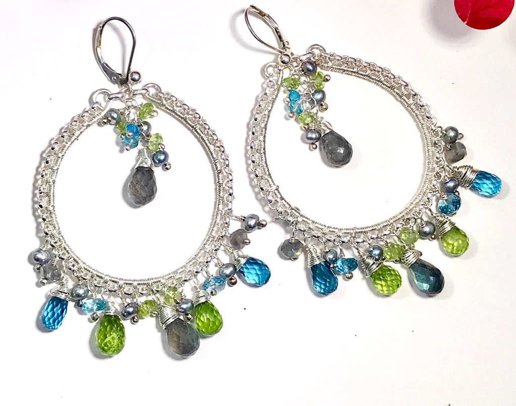 London Blue Topaz Labradorite Gemstone Hoop Earring Sterling Silver - doolittlejewelry