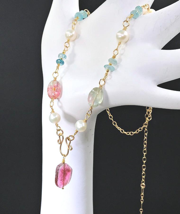 Blue Zircon, Pearls and Pink Watermelon Tourmaline Gold Necklace - doolittlejewelry