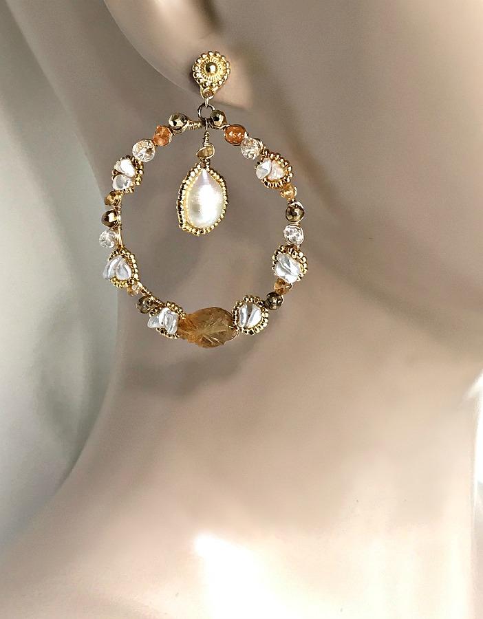 Citrine Gemstone Gold Hoop Earrings Wire Wrapped - doolittlejewelry