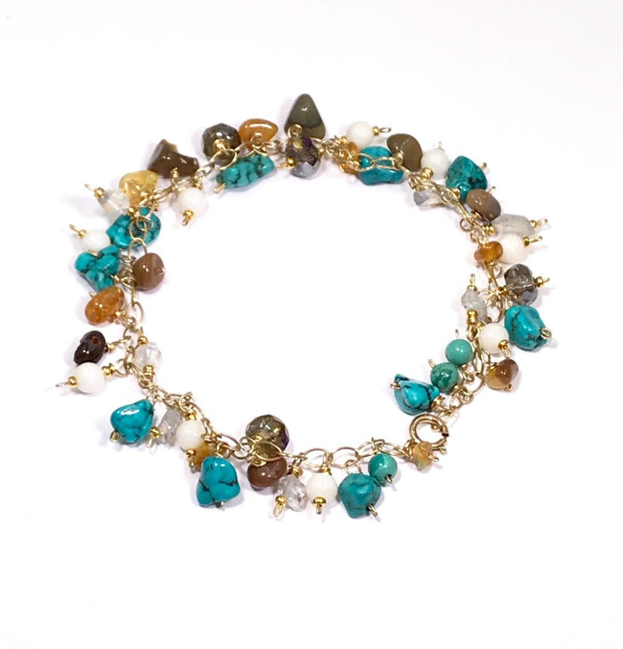Colorful Gemstone and Turquoise Handmade Gold Bracelet - doolittlejewelry