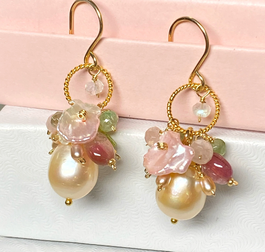 Blush Pink Pearl, Watermelon Tourmaline Wedding Earrings