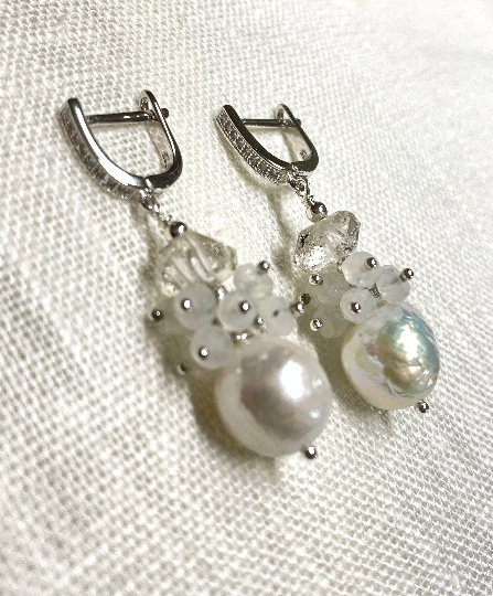 Herkimer Diamond, Edison Pearl, Moonstone Cluster Wedding Earrings