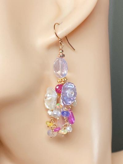 Blush Biwa Pearl Rose Gold Earrings with Scorolite & Lavender Keishi Gemstones