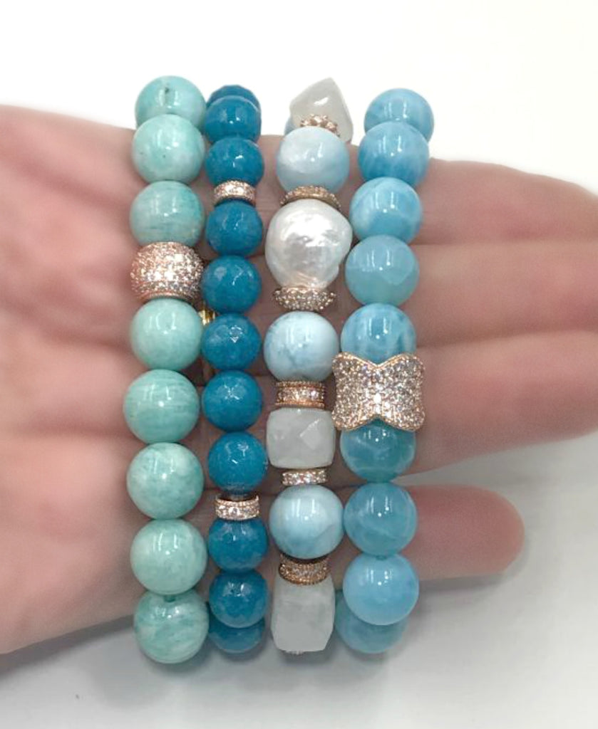 Set of 3 Beaded Bracelets Stacking Blue Green Aqua Teal Rose Gold Pave CZ 7 Inches