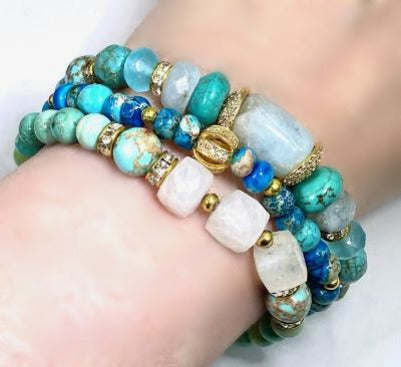 Turquoise Stretch Stacking Bracelet Set of 3 Gold Pave CZ - doolittlejewelry