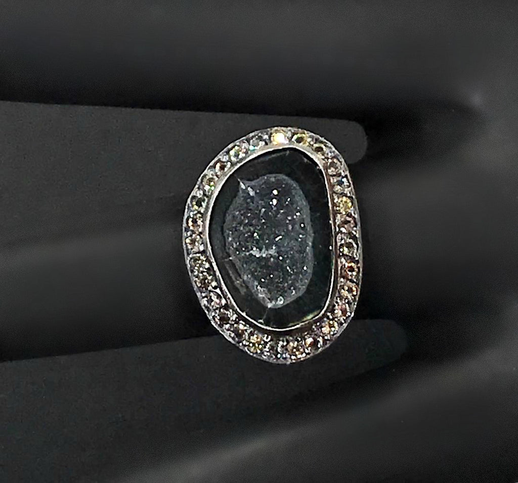 Black Geode and Pave Sapphire Ring in Oxidized Sterling Silver - doolittlejewelry