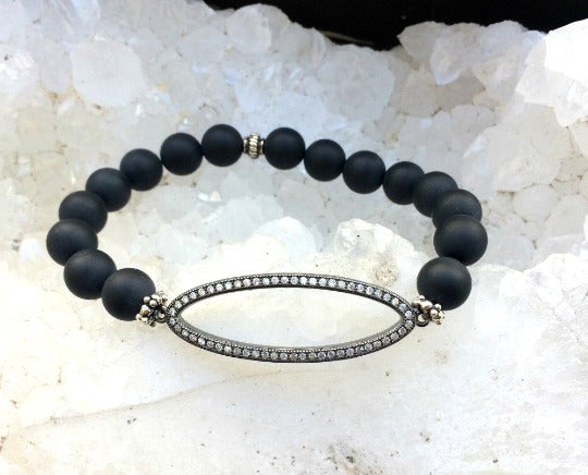 Black Onyx Stretch Bracelet with Pave CZ Oval - doolittlejewelry