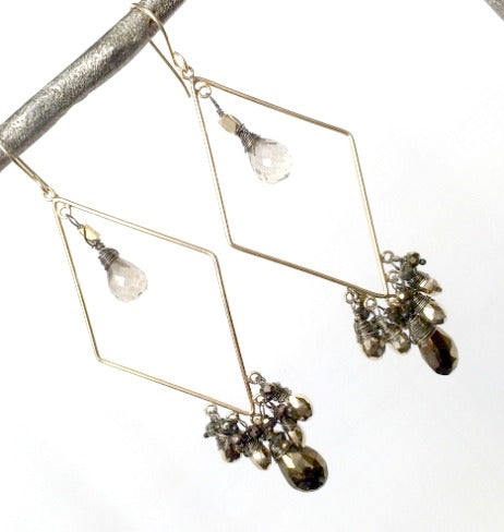 Long Boho Gold Fill Hoop Earrings Mystic Spinel Pyrite Mystic Beige Quartz - doolittlejewelry