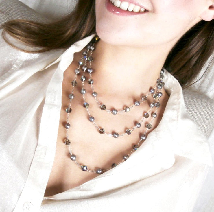 Long Grey Pearl Swarovski Crystal Sautoir Necklace - doolittlejewelry