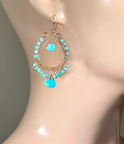 Turquoise Gemstone Rose Gold Hoop Earrings Kingman Mine - doolittlejewelry