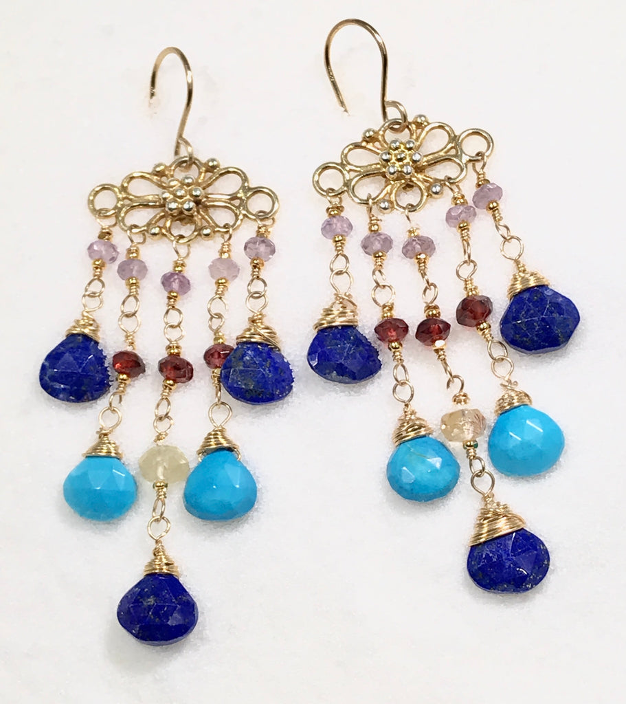 Turquoise, Blue Lapis and Garnet Chandelier Earring - doolittlejewelry