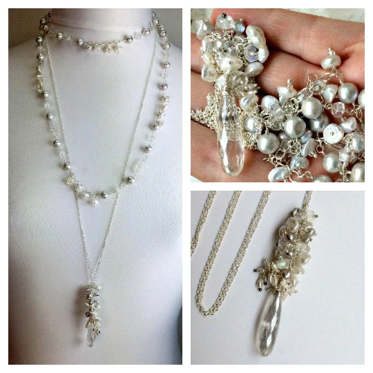 Sterling Silver and Pearl Moonstone Cluster Pendant Wedding Necklace - doolittlejewelry