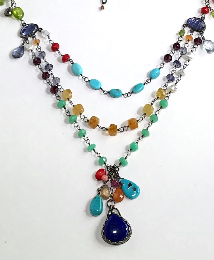 Multi-Strand Long Wire Wrap Gemstone Necklace - doolittlejewelry