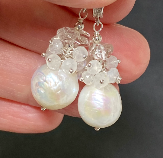 Herkimer Diamond, Edison Pearl, Moonstone Cluster Wedding Earrings