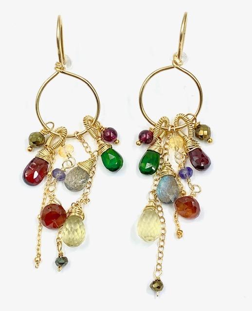 Garnet Colorful Gemstone Gold Hoop Dangle Earrings - doolittlejewelry