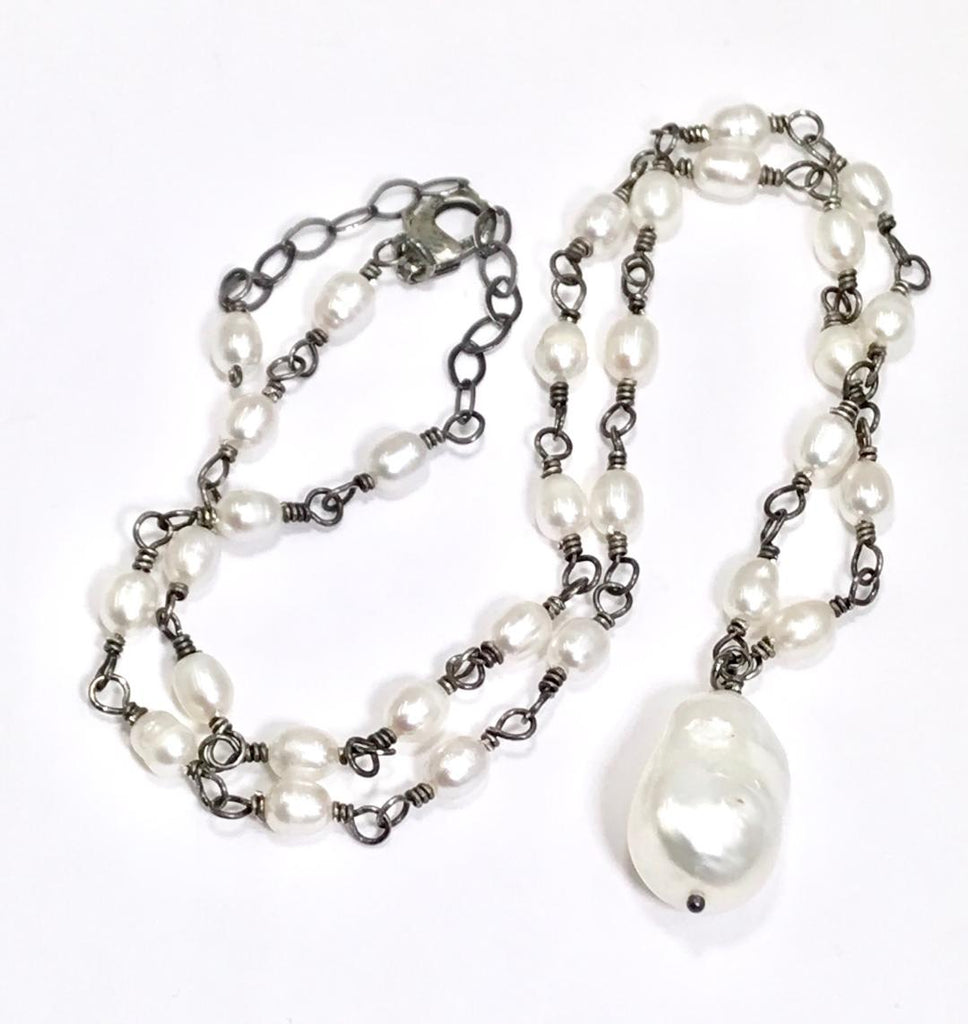 Dainty Baroque Pearl Necklace Wire Wrapped Rosary Style Oxidized Sterling Silver - doolittlejewelry