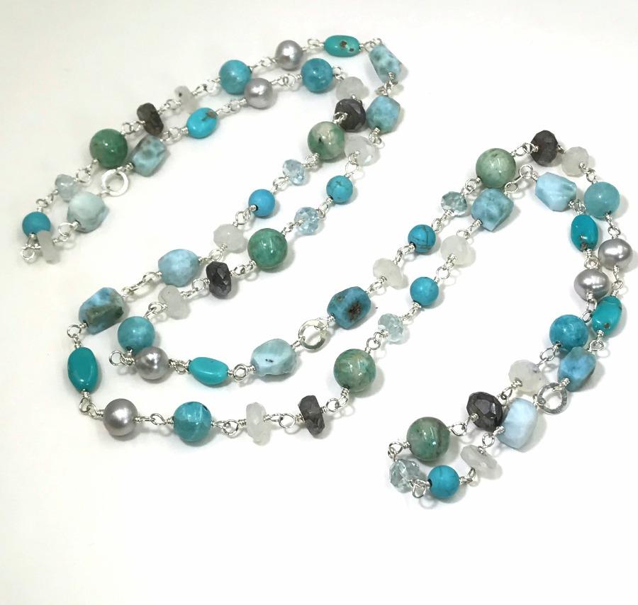 Larimar, Turquoise, Moonstone, Gemstone and Pearl Sterling Silver Necklace - doolittlejewelry