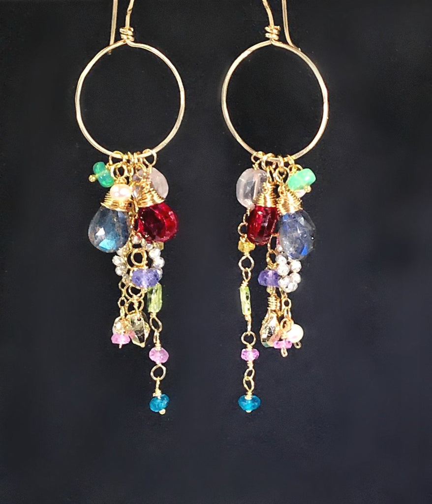 Multi-color Gemstone Dangle Earrings Gold Chain Red Topaz - doolittlejewelry
