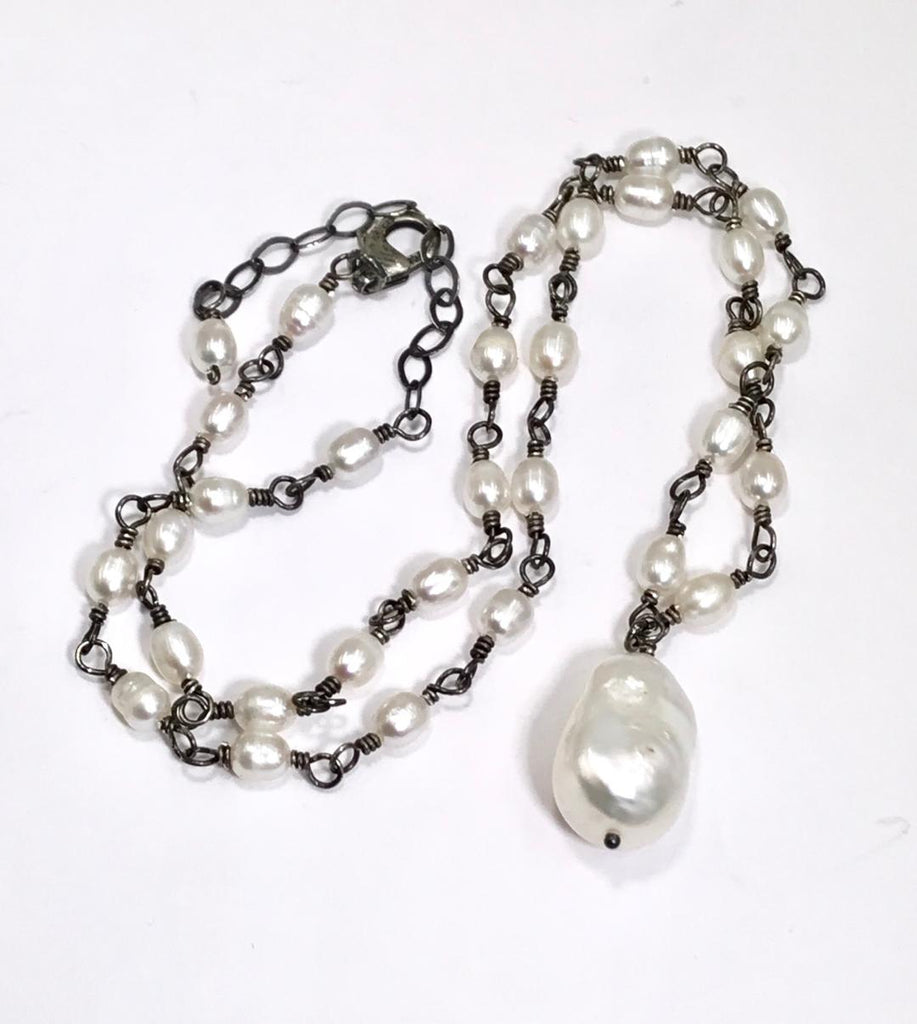 Dainty Baroque Pearl Necklace Wire Wrapped Rosary Style Oxidized Sterling Silver - doolittlejewelry