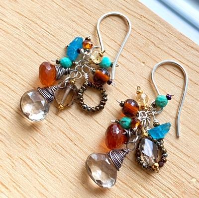 Multicolor Gemstone Dangle Earrings Earth Tone Sterling Silver