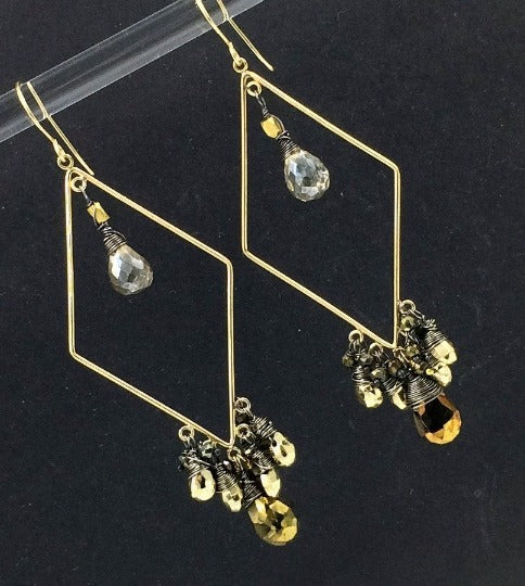 Long Boho Gold Fill Hoop Earrings Mystic Spinel Pyrite Mystic Beige Quartz - doolittlejewelry