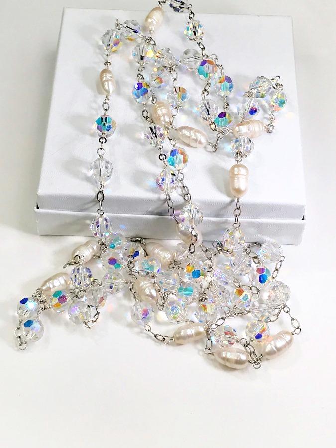 Swarovski Crystal Pearl Long Necklace Wire Wrapped Sterling Silver Sautoir - doolittlejewelry