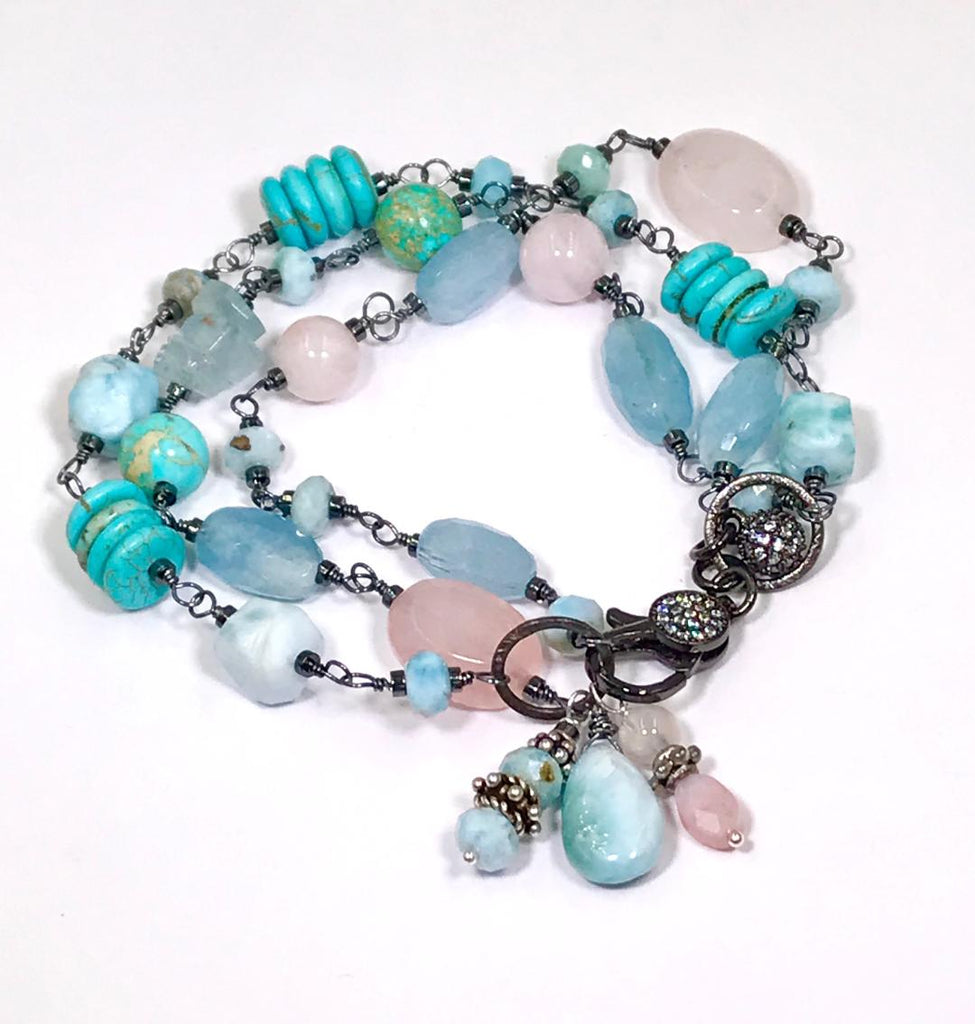 Oxidized Silver Wire Wrap Multistrand Bracelet Larimar Aquamarine - doolittlejewelry