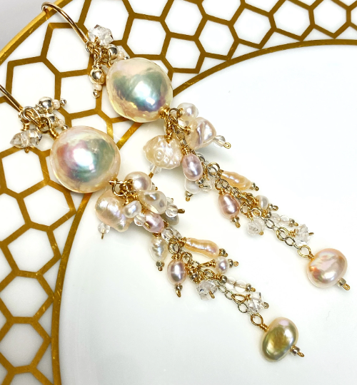 Blush Edison Pearl and Herkimer Crystal Dangle Earrings