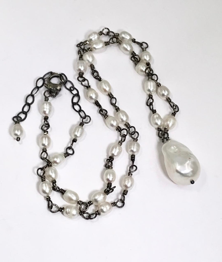 Dainty Baroque Pearl Necklace Wire Wrapped Rosary Style Oxidized Sterling Silver - doolittlejewelry