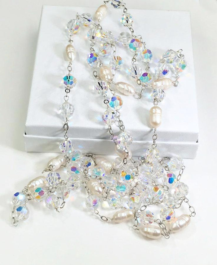 Swarovski Crystal Pearl Long Necklace Wire Wrapped Sterling Silver Sautoir - doolittlejewelry
