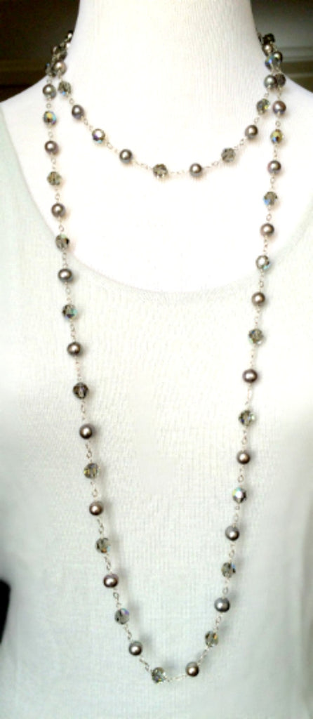 Long Grey Pearl Swarovski Crystal Sautoir Necklace - doolittlejewelry