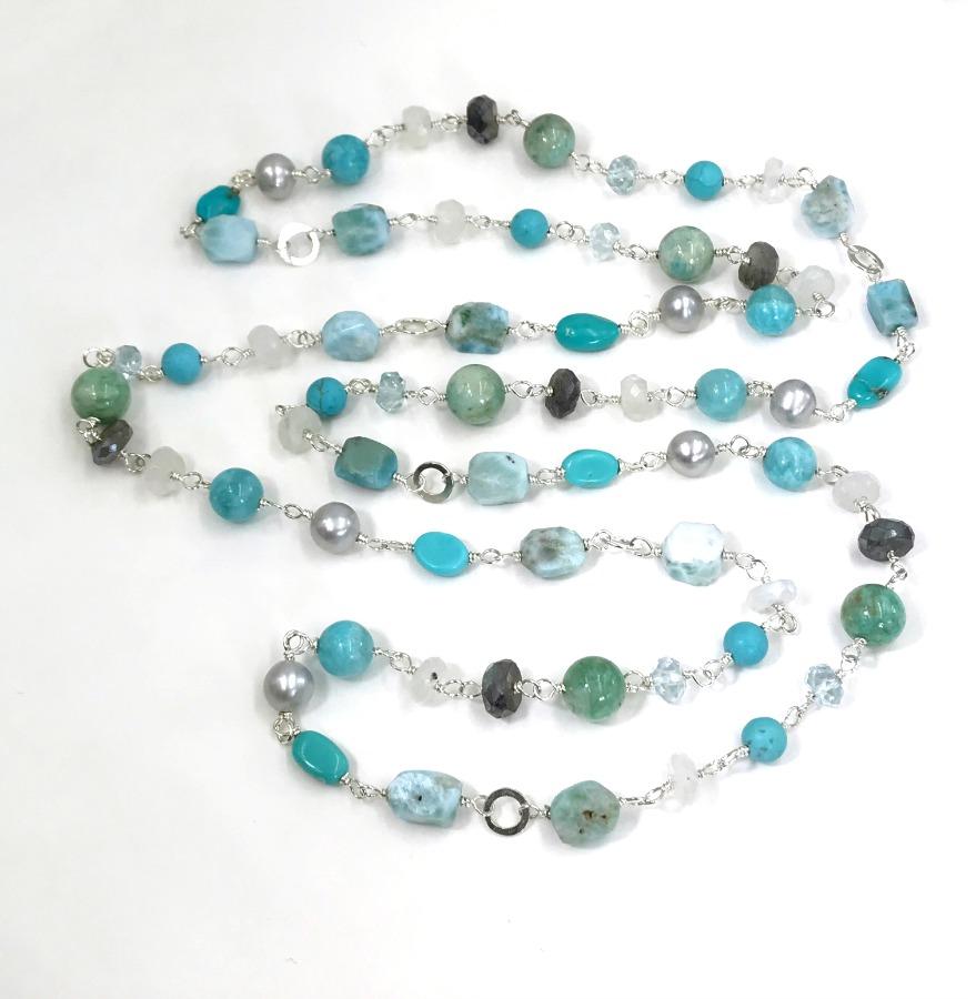Larimar, Turquoise, Moonstone, Gemstone and Pearl Sterling Silver Necklace - doolittlejewelry
