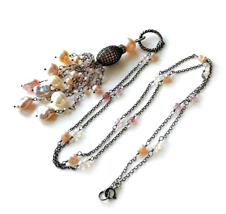Blush Keishi Pearl Pink Spinel Oxidized Silver Long Tassel Necklace Pave CZ - doolittlejewelry