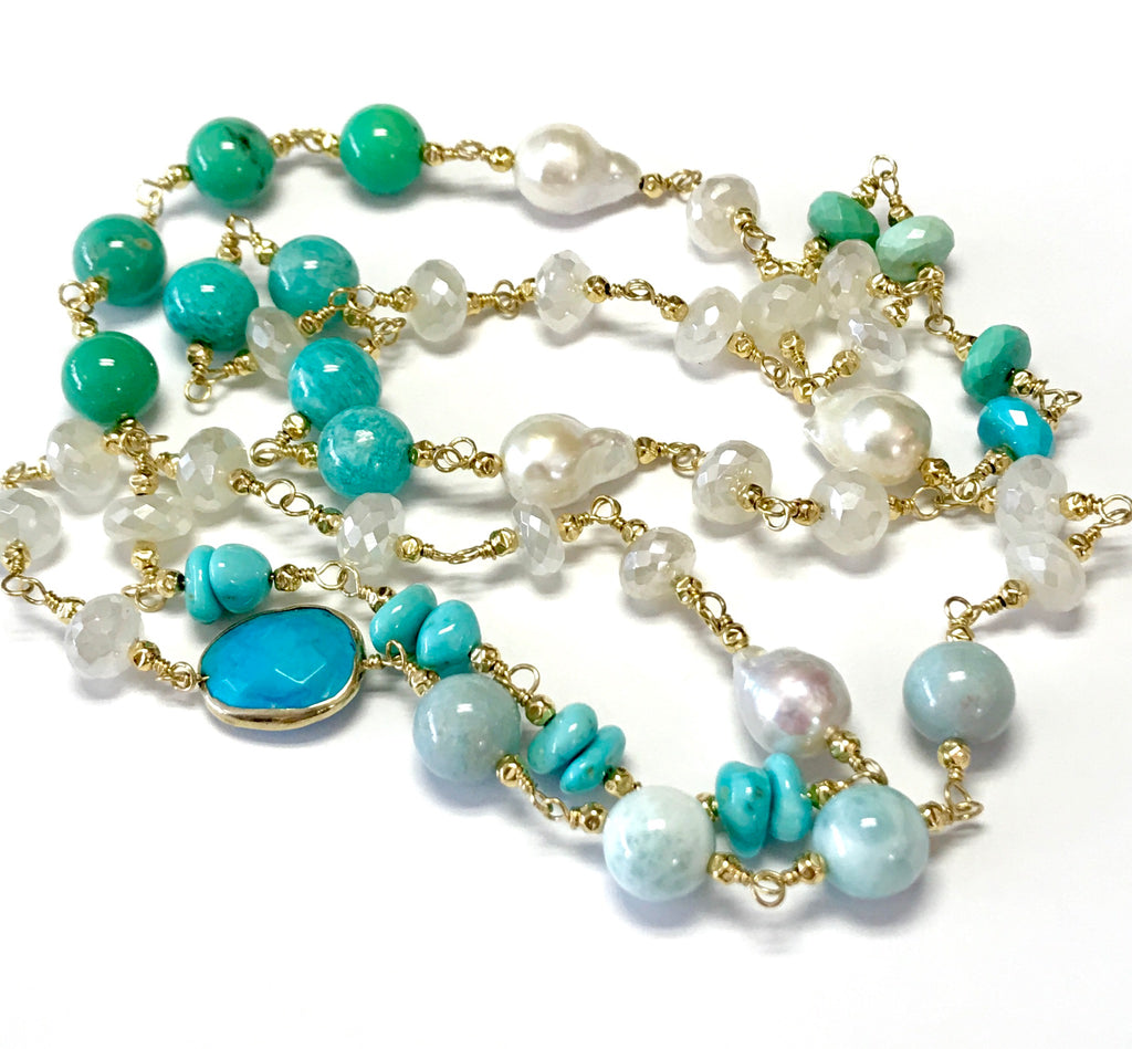 Long Multi Gemstone Pearl Necklace Larimar Sleeping Beauty Turquoise Gold Fill - doolittlejewelry