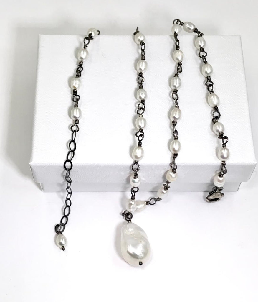 Dainty Baroque Pearl Necklace Wire Wrapped Rosary Style Oxidized Sterling Silver - doolittlejewelry