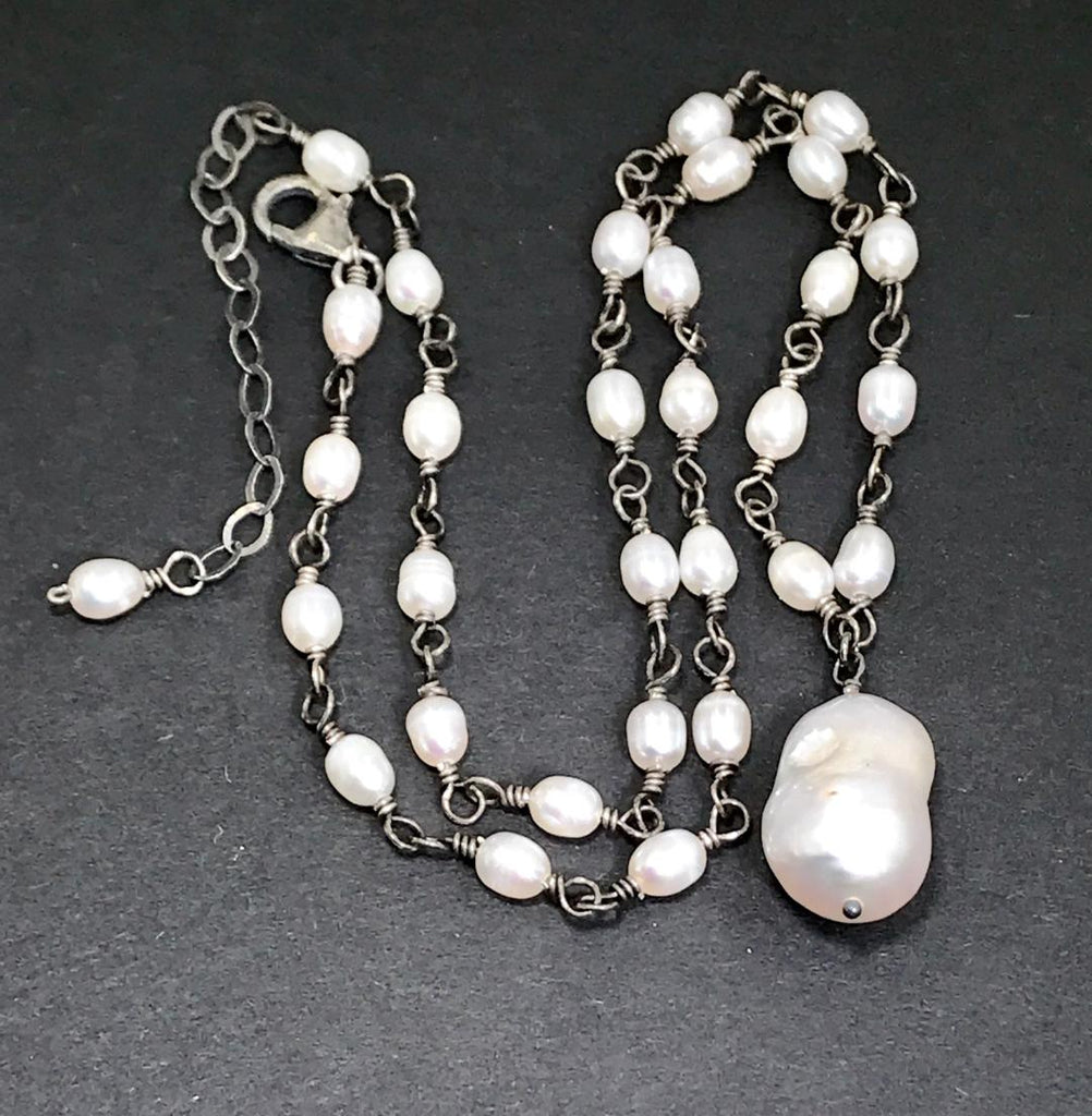 Dainty Baroque Pearl Necklace Wire Wrapped Rosary Style Oxidized Sterling Silver - doolittlejewelry