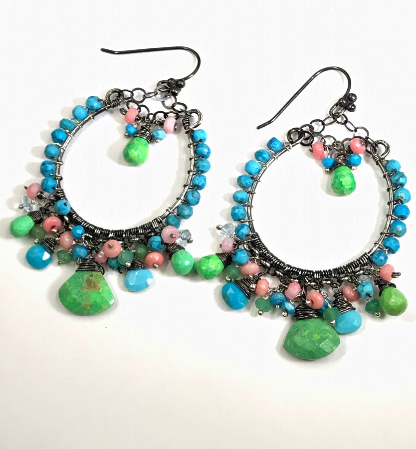 Turquoise Green, Coral  and Oxidized Silver Earrings - doolittlejewelry