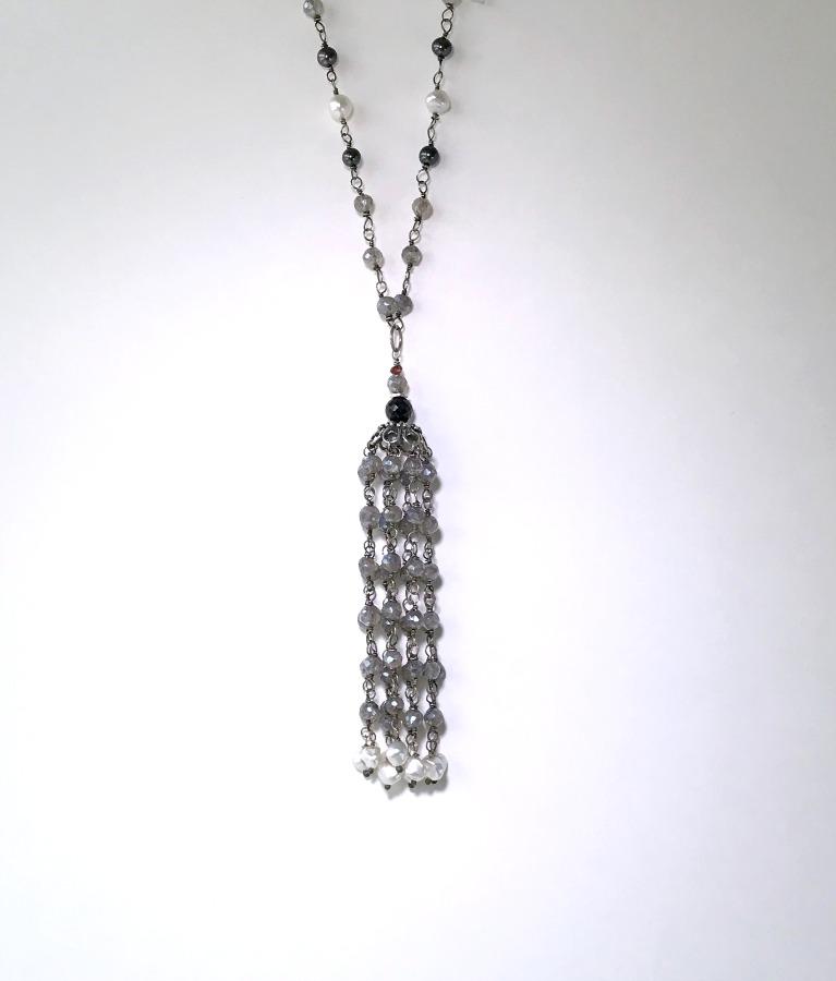 Mystic Labradorite Tassel Necklace Wire Wrapped - doolittlejewelry