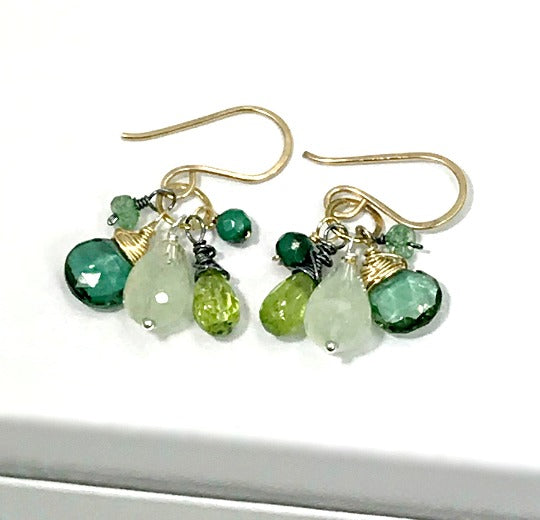 Green Gemstone Mixed Metal Dangle Earrings Prehnite Green Quartz Peridot