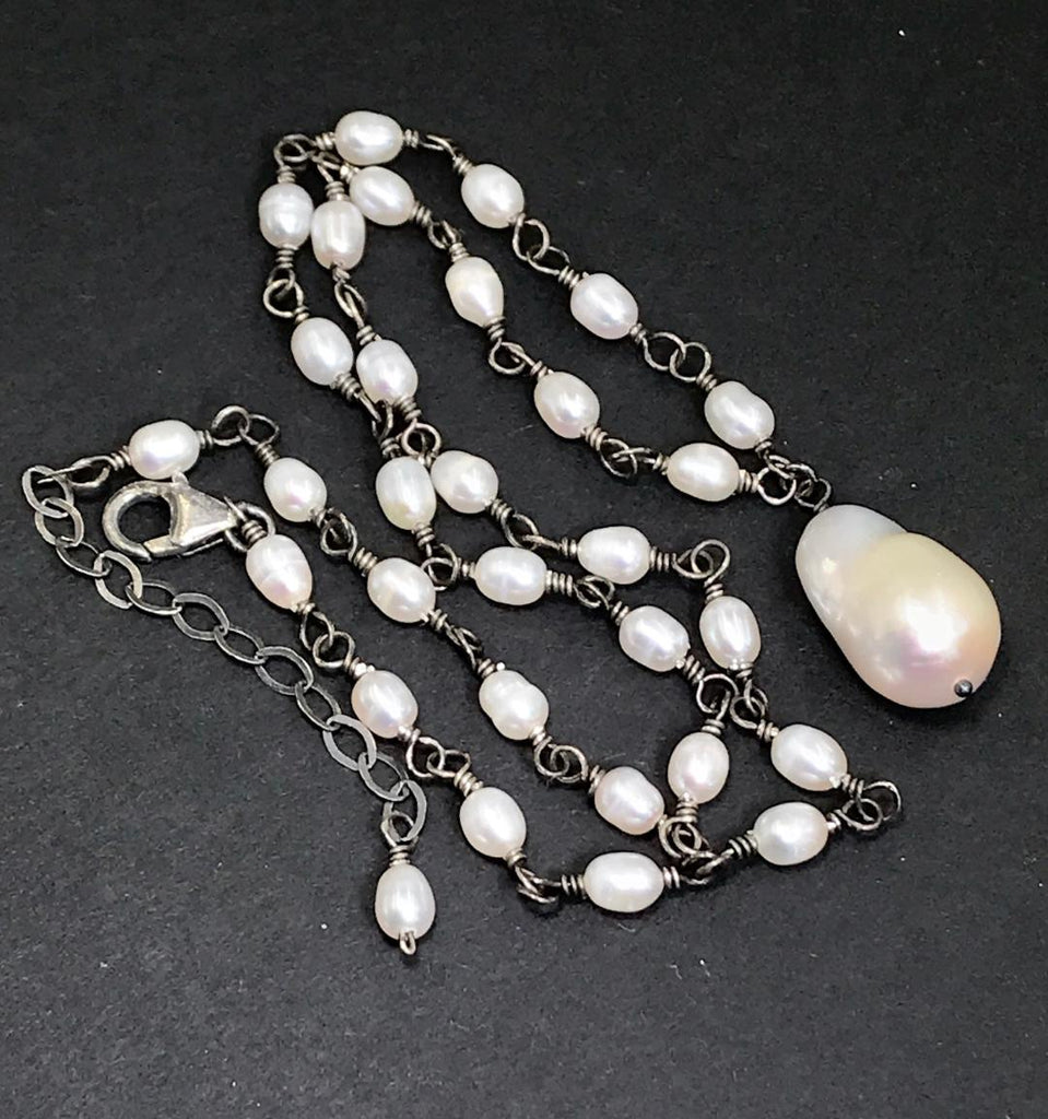 Dainty Baroque Pearl Necklace Wire Wrapped Rosary Style Oxidized Sterling Silver - doolittlejewelry