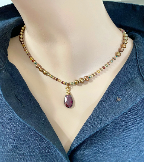 Rhodolite Garnet and Pearl Silk Knotted Necklace 2