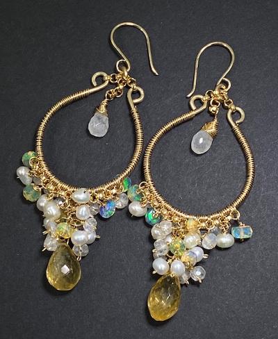 Citrine Gold Fill Hoops with Opal Pearl Moonstone Clusters - doolittlejewelry