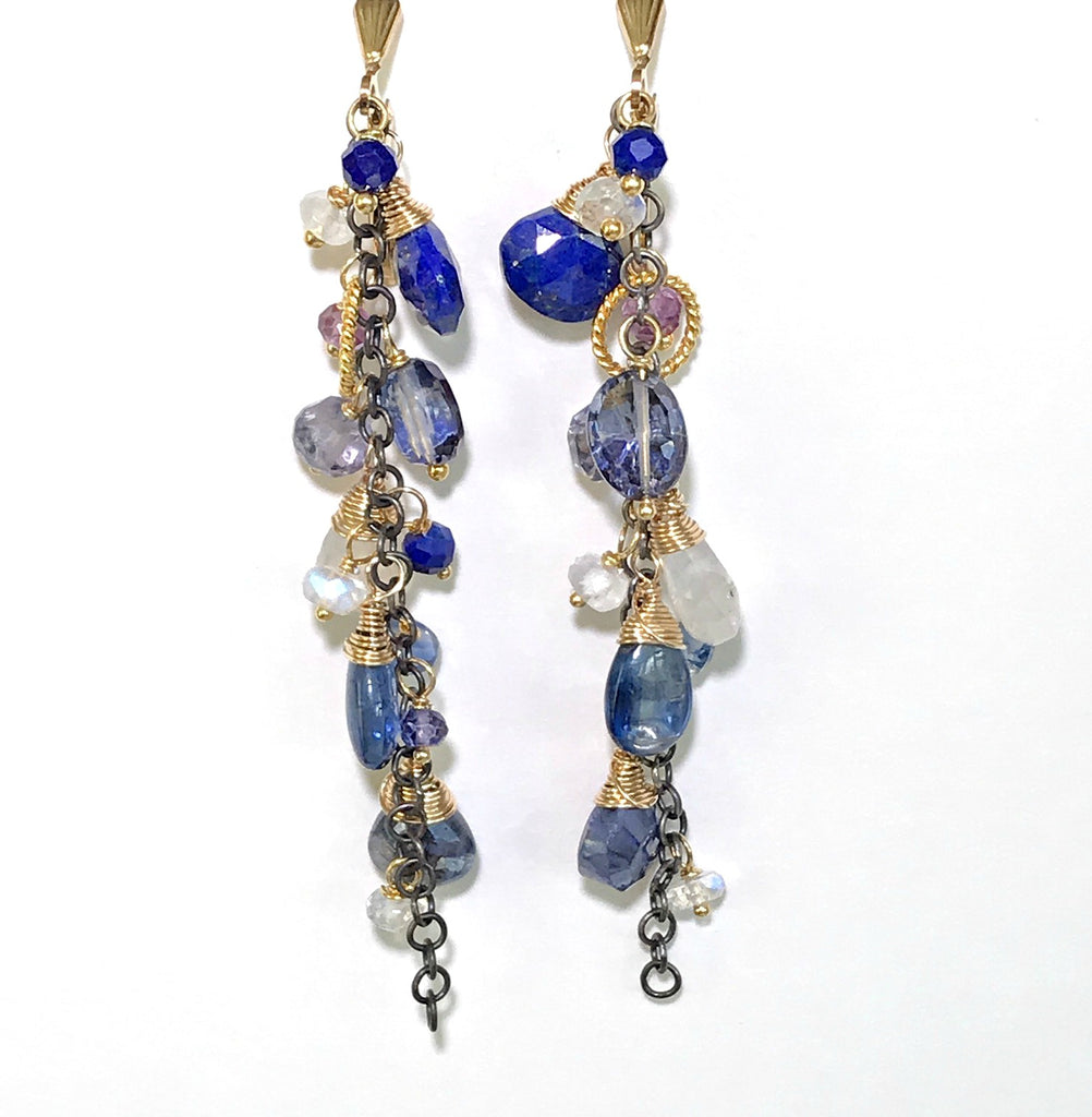 Blue Dangle Earrings Lapis Kyanite Mixed Metals - doolittlejewelry