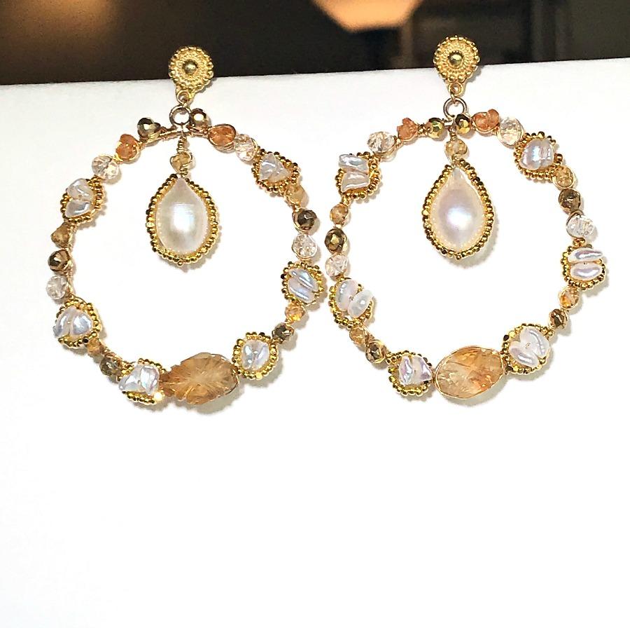 Citrine Gemstone Gold Hoop Earrings Wire Wrapped - doolittlejewelry
