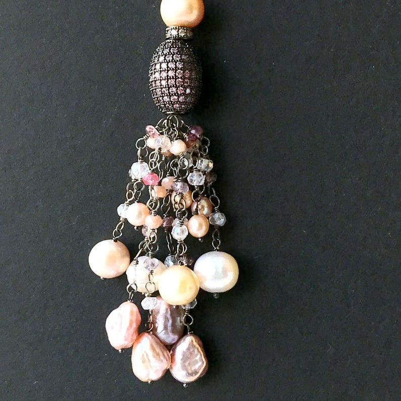 Blush Keishi Pearl Pink Spinel Oxidized Silver Long Tassel Necklace Pave CZ - doolittlejewelry