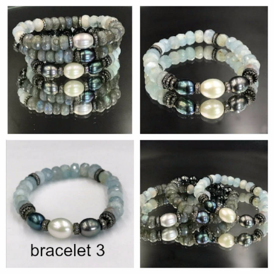 Aquamarine, Labradorite Gemstone Stack and Stretch Layering Bracelets Set - doolittlejewelry