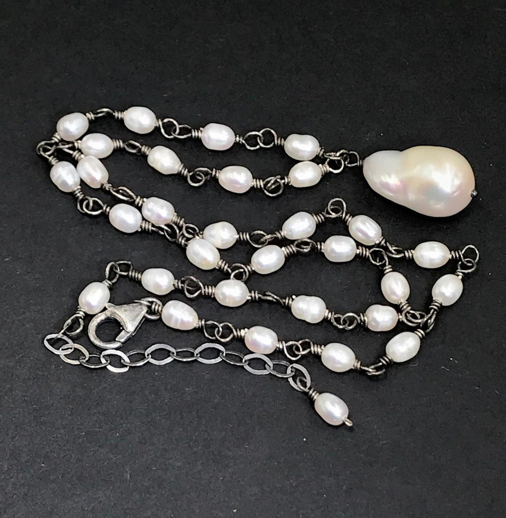 Dainty Baroque Pearl Necklace Wire Wrapped Rosary Style Oxidized Sterling Silver - doolittlejewelry