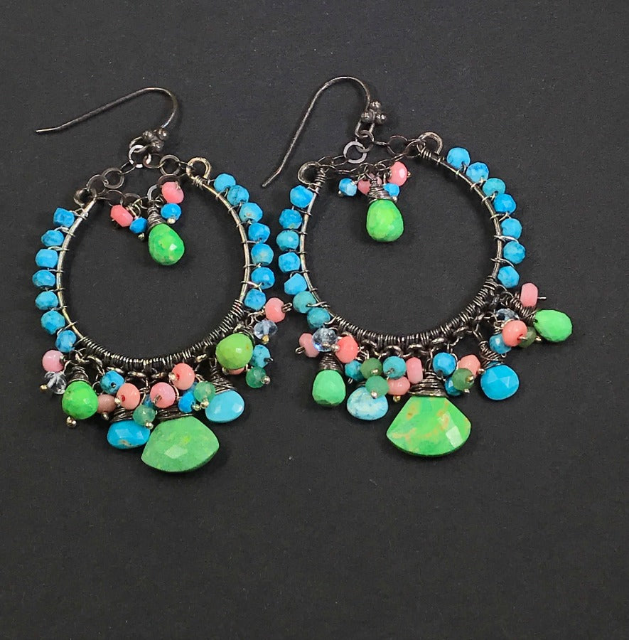 Turquoise Green, Coral  and Oxidized Silver Earrings - doolittlejewelry