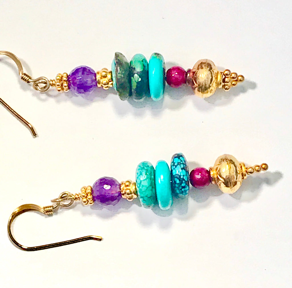 Turquoise Stacked Gemstone Earrings Amethyst Gold Vermeil - doolittlejewelry