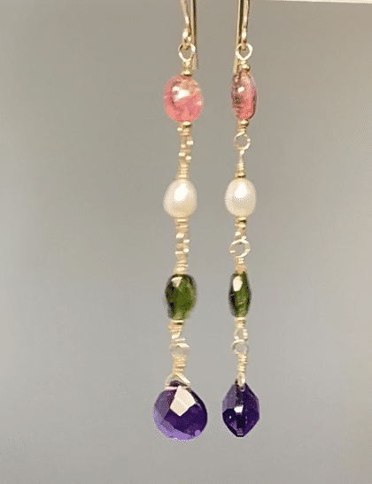 shoulder duster earrings with amethyst, green tourmaline, pearl and pink tourmaline
